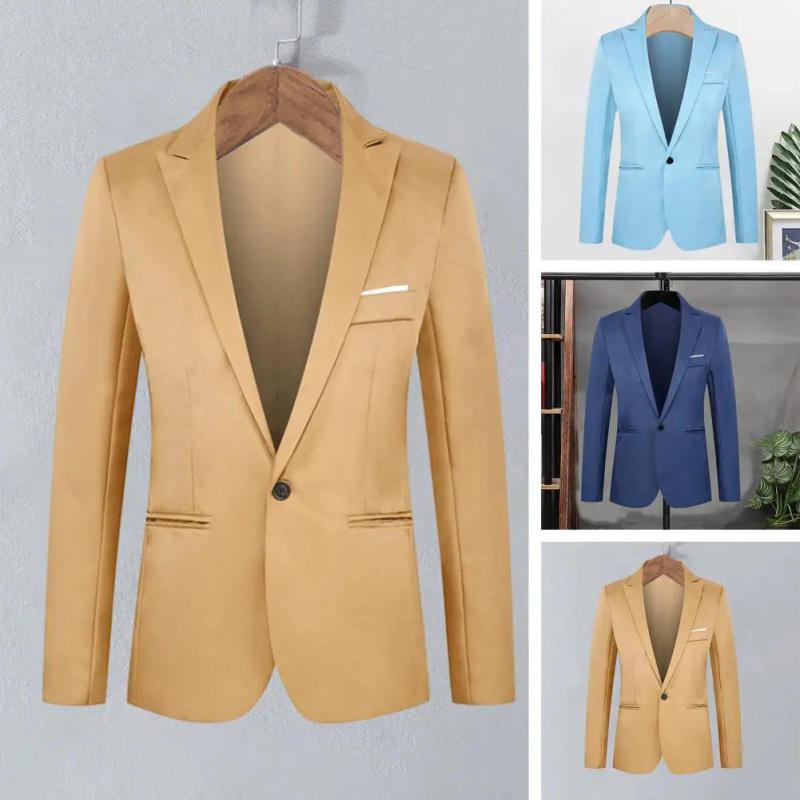 Description Picture 3 of itemMen Suit Jacket Solid Color Lapel Long Sleeve One Button Pockets Men Casual Suit Slim Fit Blazer Business Suit Coat Workwear
