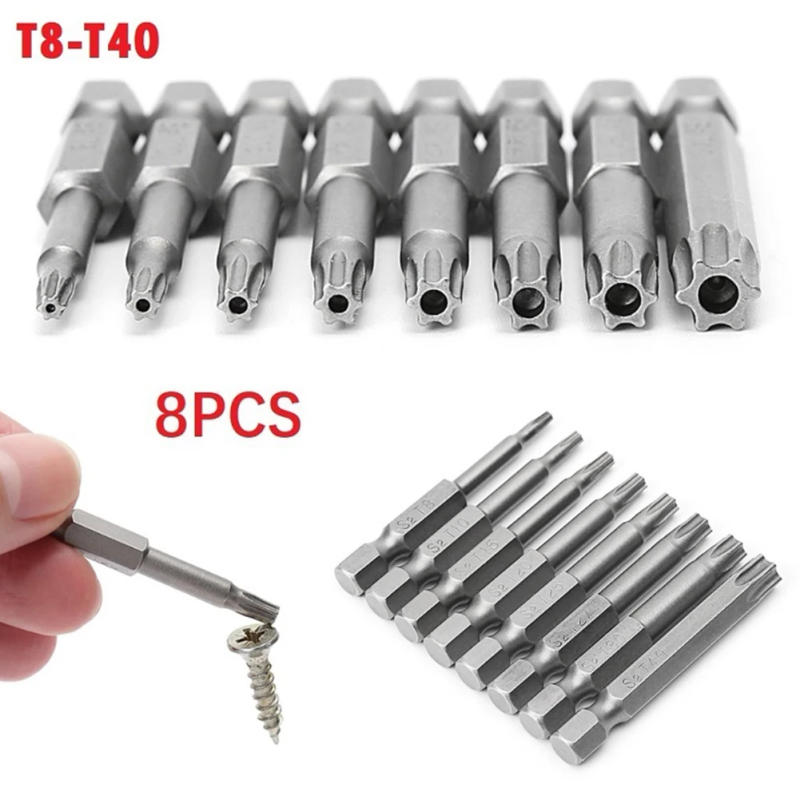 Description Picture 6 of item8Pcs Torx Screwdriver Bit Set 50mm Magnetic Tamper Resistant Star Bits 1/4" Hex T8-T40 Screwdriver Wrench Drill Bit Set
