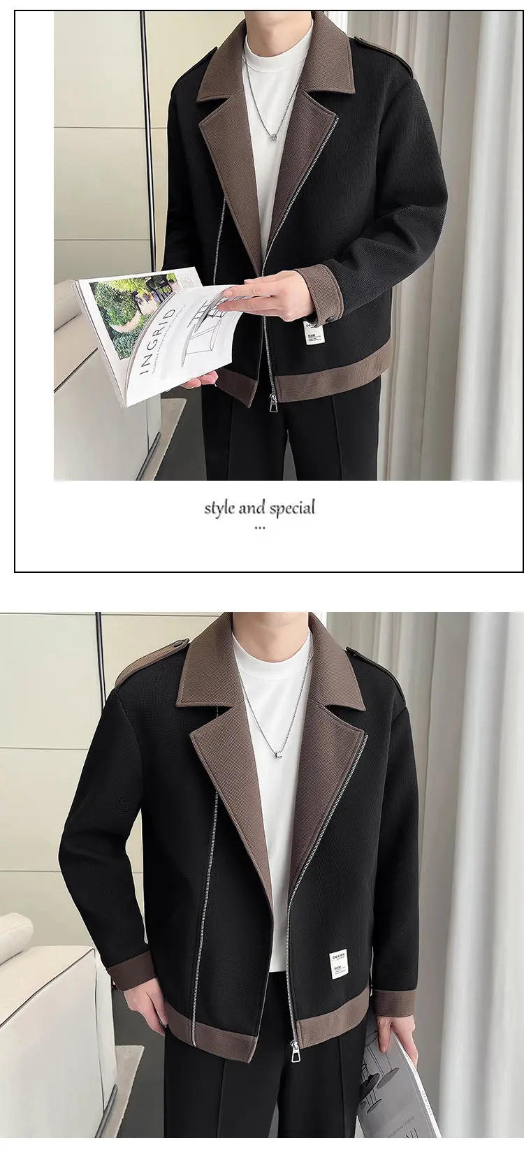 Description Picture 6 of item2024 Spring Contrasting Splicing Leather Jackets Men Upturn Collar Slim Casual Coat Outwear Social Party Streetwear Men Clothing