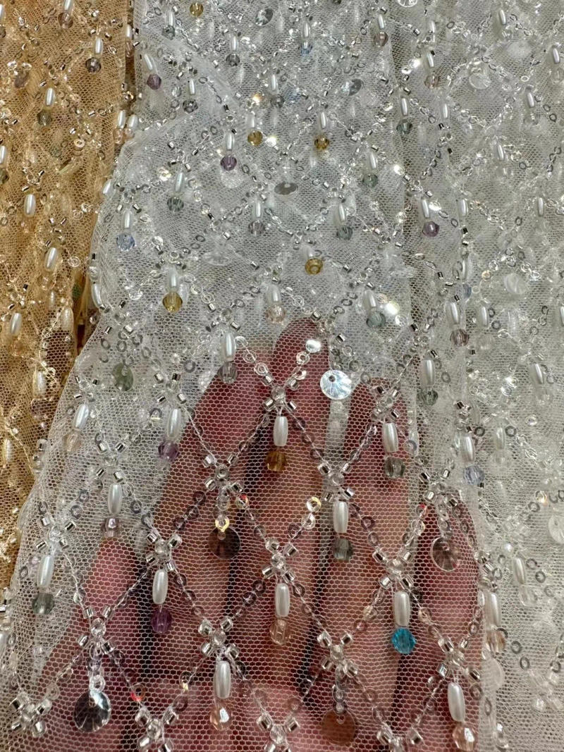 Description Picture 6 of itemElegant French sequin beaded mesh lace fabric 2024 African Nigerian mesh Sparkly wedding dress fabric