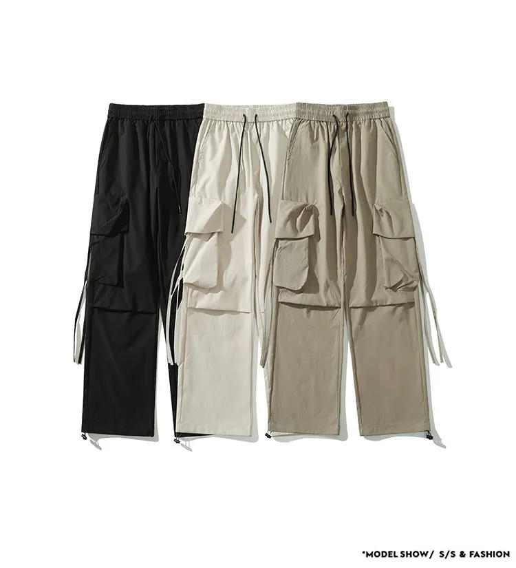 Description Picture 3 of itemMen's Loose Straight Multi-pockets Ribbons Cargo Pants Black Gray