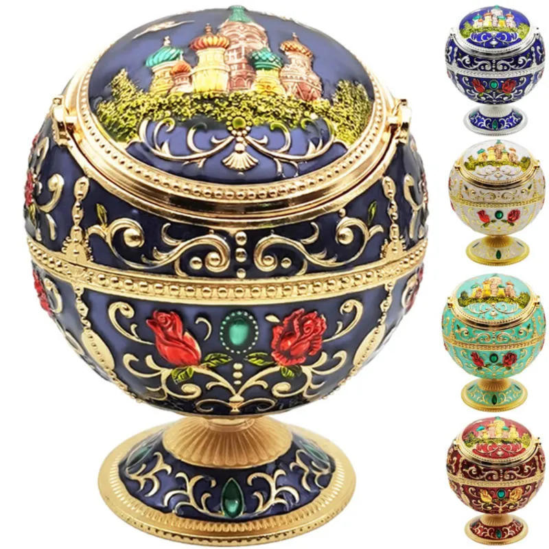 Description Picture 2 of itemVintage Royal Spherical Ashtray Windproof with Lid Metal Portable Cigarettes Retro Ashtray Relief Stamped Pattern Gift for Home