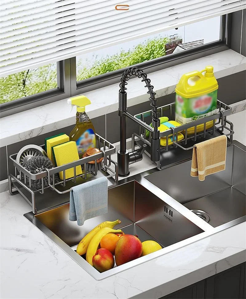 Description Picture 2 of itemKitchen Sink Drain Rack Storage Box Stainless Steel Self-draining Sink Detergent Sponge Rack Rag Towel Rack Filter Basket Shelf