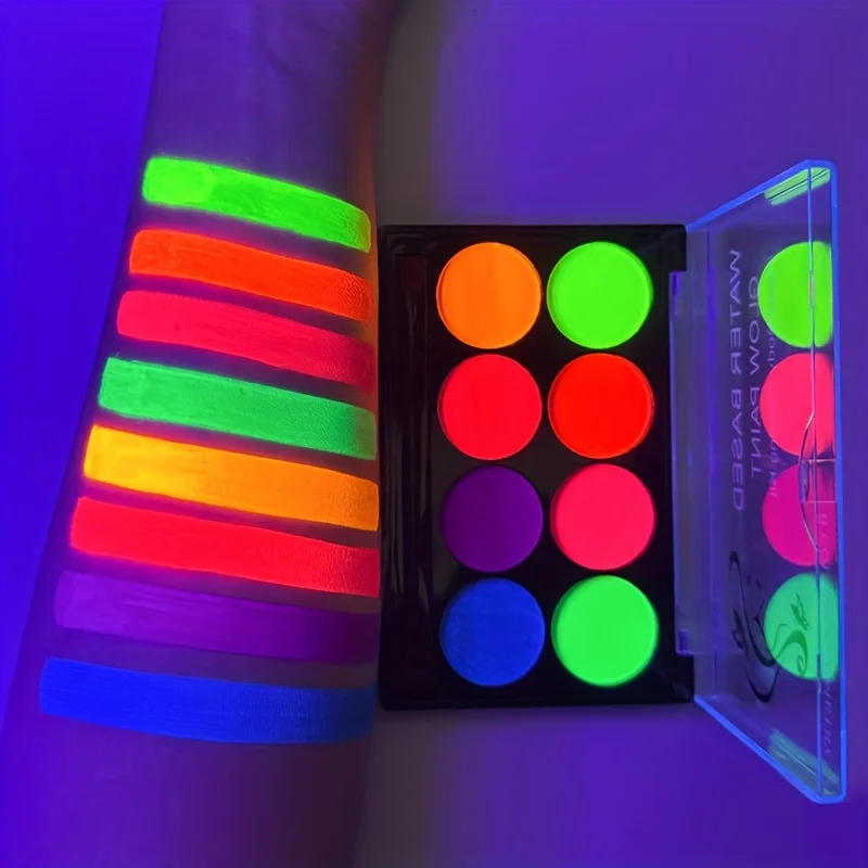 Description Picture 3 of item8 Color Face Paint with Sticker Luminiscent Face Body Painting UV Glow Fluorescent Glowing Halloween Party Fancy Dress Beauty