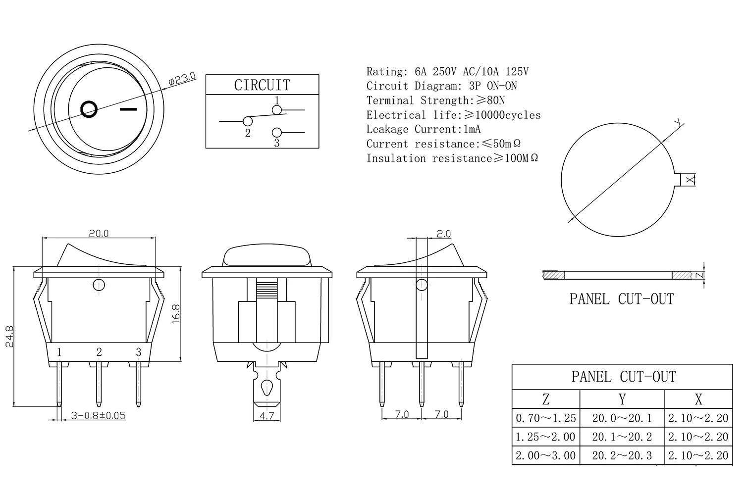 Description Picture 6 of item4PCS Dia.20mm Round Black Red 2Pin 3Pin 3A/250V 6A/125V Rocker Switch Seesaw Power Switch O- / ON-OFF