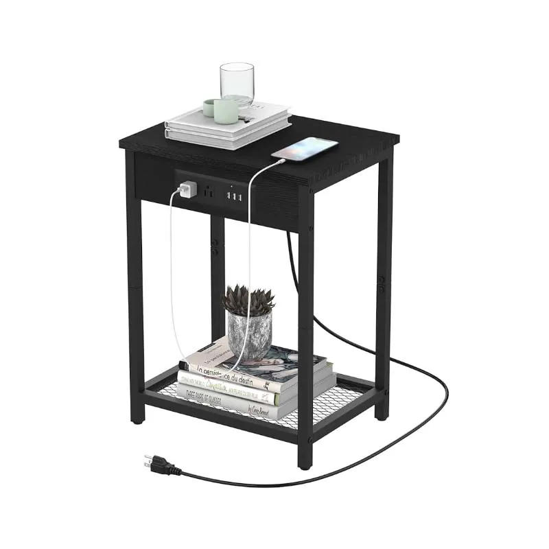 Description Picture 3 of itemNightstand with Charging Station Bedroom End Side Table with USB Ports outlets Modern Record Player Stand 2-Tier Bedside Table