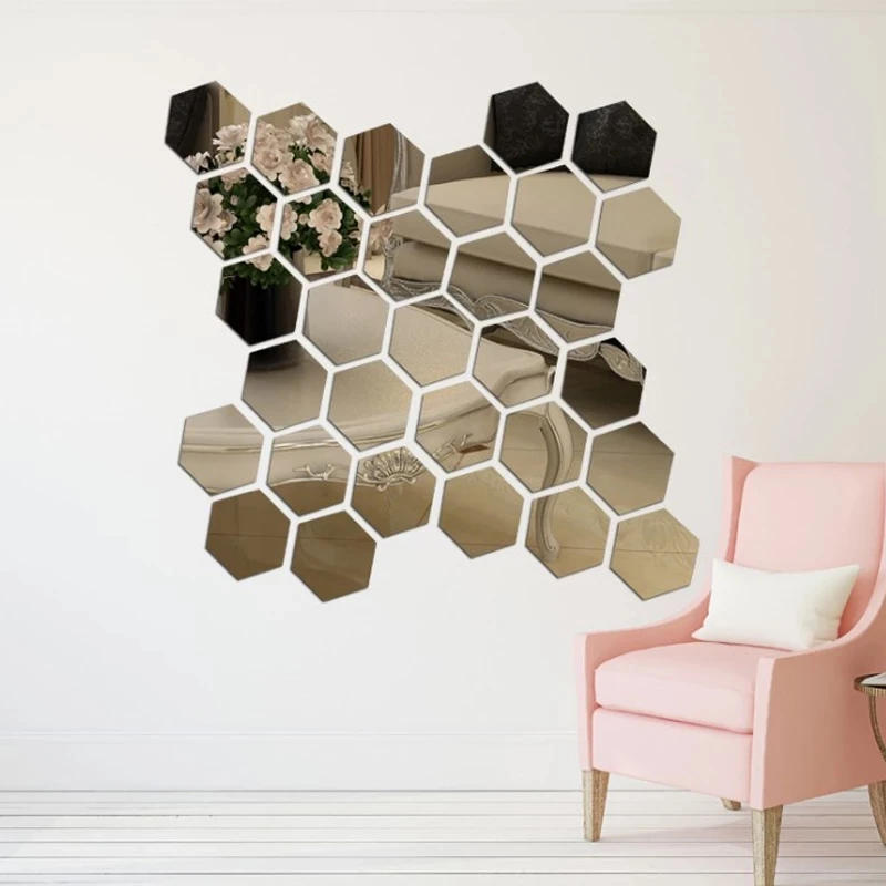Description Picture 6 of item6/12PCS Hexagon Mirror Wall Stickers Acrylic Self Adhesive Mosaic Tile Decals for Room Decoration DIY Art Ornaments Gift