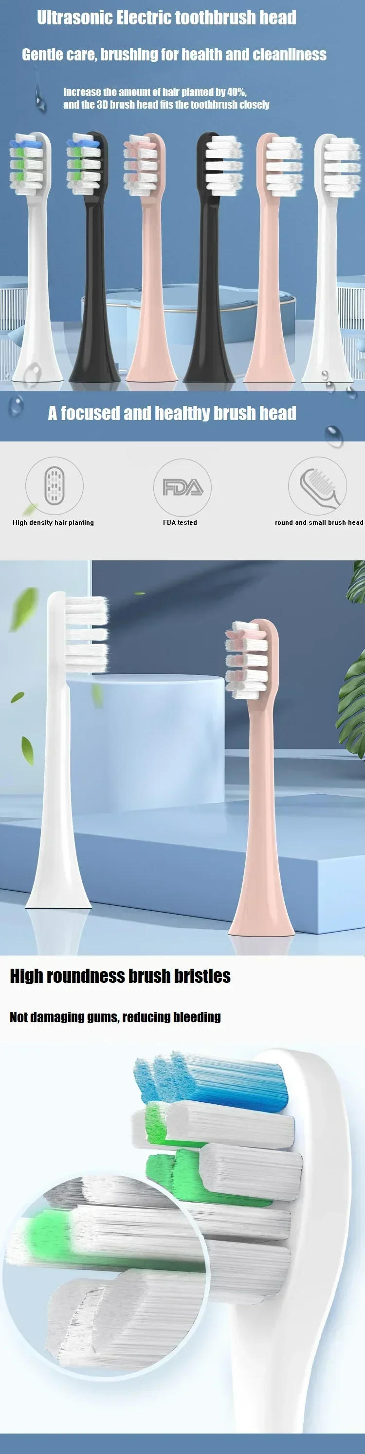 Description Picture 2 of item4 pcs/set Replacement Brush Heads for SOOCAS V1/X1/X3/X5/X3U/X3PRO/v1/v2 Sonic Electric Toothbrush Soft DuPont Bristle Heads