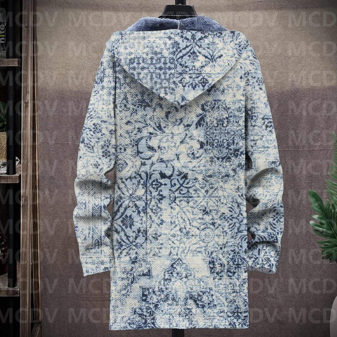 Description Picture 3 of itemMen's Retro Print Plush Thick Long-Sleeved Coat Fleece Hooded Overcoat Unisex Thick Warm Jacket-1