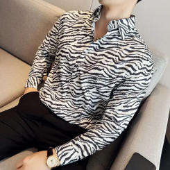 Zebra Striped Shirt for Men Long Sleeve Casual Shirts Men's Slim Fit Business Dress Shirts Wedding Party Club Party Tuxedo M-4XL