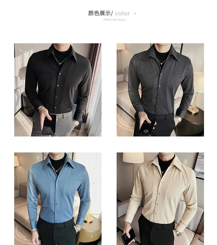 Description Picture 4 of item2023 Winter Two Fake Woolen Shirt Men Solid Color Lapel Slim Casual Business Dress Shirt Social Party Tuxedo Blouse Men Clothing