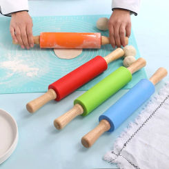 1PC Non-Stick Silicone Rolling Pin Wooden Handle Pastry Dough Flour Roller Kitchen Cooking Baking Tool For Pasta Cookie Dough