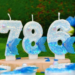 3D New Dream Fish Tail Candle Cake Topper Decor Blue 0 1 2 3 4 5 6 7 8 9 Year Old For Wedding Dessert Cupcake Baking Supplies