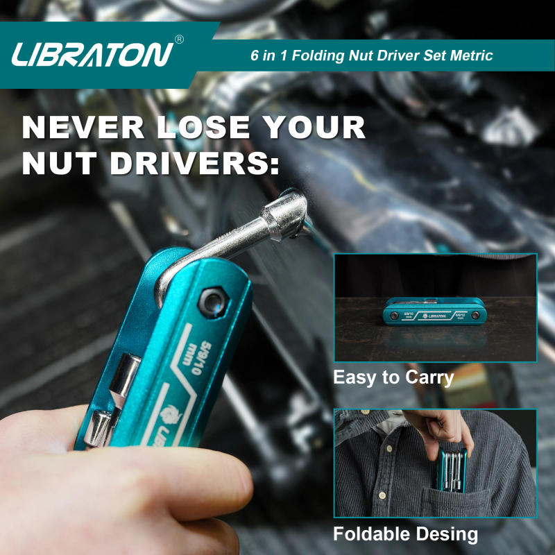 Description Picture 5 of itemLIBRATON 6 in 1 Folding Nut Driver Metric Portable Hex Nut Driver Set with Premium Aluminum Handle for Auto Repairing
