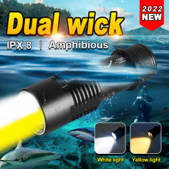 New Professional Diving Flashlight Yellow Light Scuba Diving Torch Powerful LED Flashlight IPX8 Underwater Lamp Hunting Lantern