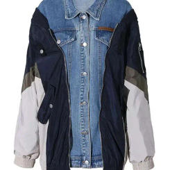 EAM Blue Denim Color-block Jacket Loose Fit Big Size New Lapel Long Sleeve Women Coat Fashion Spring Autumn 2025 1DF151905