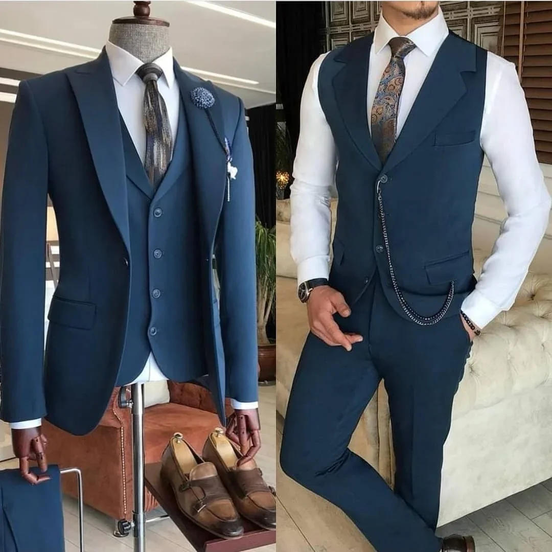Description Picture 6 of itemDark Blue Elegant Men Suit Smart Casual Slim Fit Peak Lapel Blazers Business High Quality 3 Piece Set Jacket Pants Vest Costume