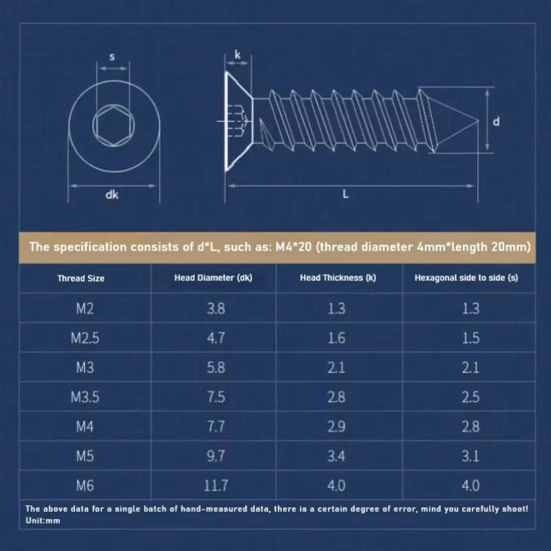 Description Picture 2 of itemM2 M2.5 M3 M3.5 M4 M5 M6 304 Stainless Steel Flat Countersunk Head Hexagon Socket Tapping Screws