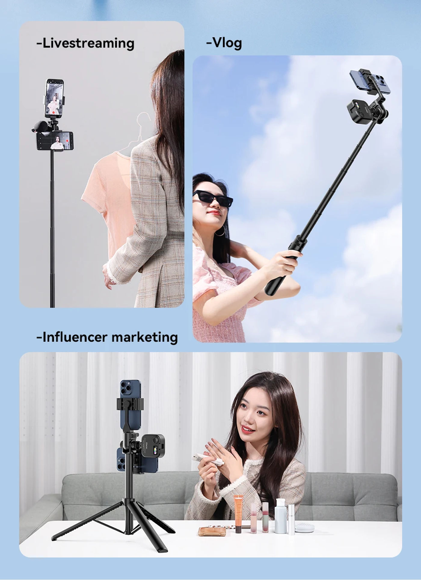 Description Picture 5 of itemUlanzi MT-70 Selfie Stick Tripod for phone photograph Livestreaming vlog with Remote Control 360° Rotation Portrait Landscape