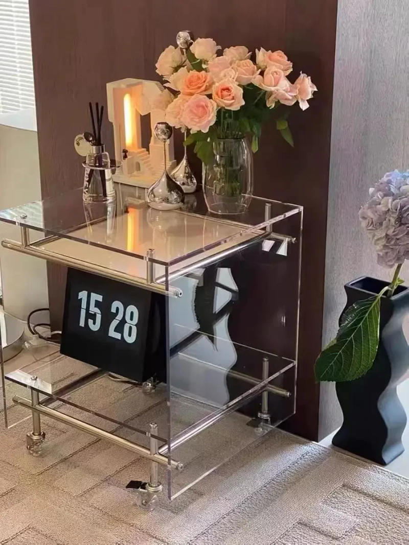 Description Picture 6 of itemIns Style Coffee Table Acrylic Tea Table for Living Room Glass Side Table Storage Cabinet Trolley with Wheels Home Furniture