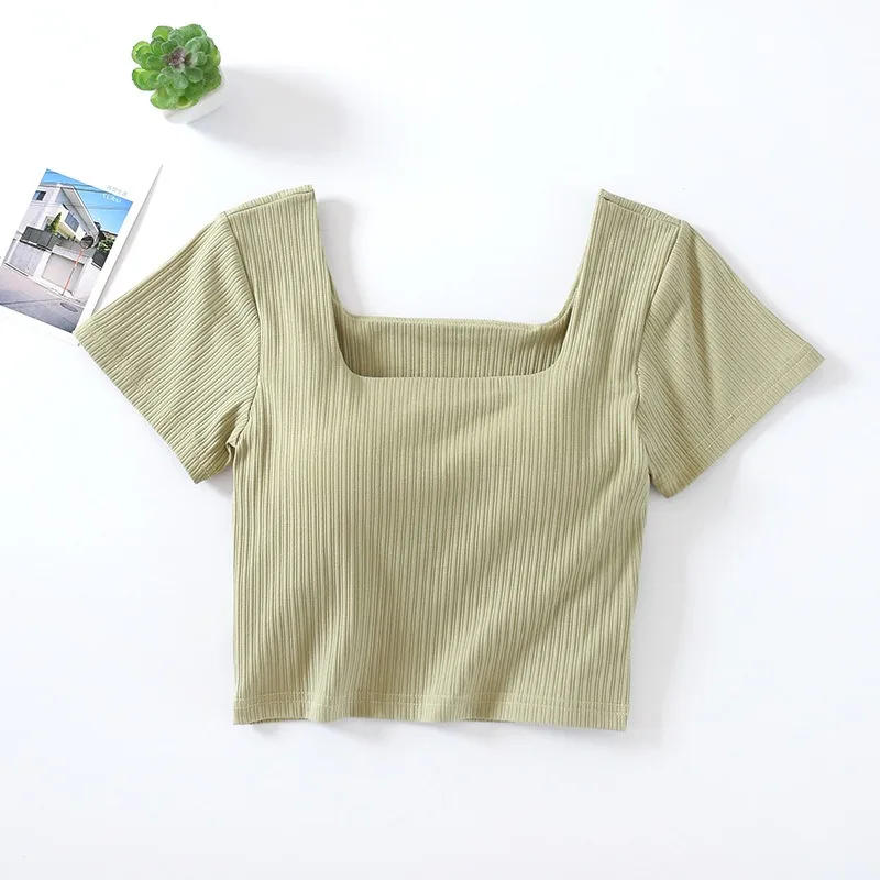 Description Picture 3 of item2024 New Women's Short Sleeve Tank Tops With Chest Pad Summer One Piece Casual Square Neck Crop Top With Built In Bra T-shirt