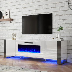 Fireplace TV Stand, Mirrored Finish Media Console with 36" Electric Fireplace, Modern LED Lights Storage Entertainment Center