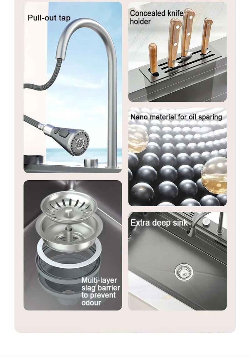 Description Picture 5 of itemNano 304 Stainless Steel Flying Waterfall Sink Super Large Single Black Kitchen Pull-out Faucet Manual With Knife Holder