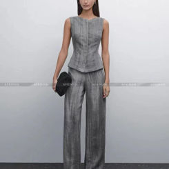 Women Grey Color 100% Linen Vest Coat+ High Waist Wide Leg Pants Set