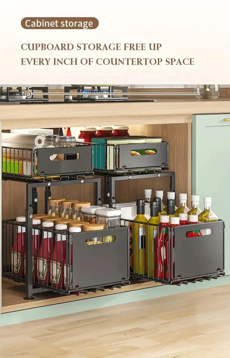 Description Picture 2 of item2 Tier Kitchen Under Bathroom Sink Organizers Pull-Out Cabinet Shelf Organizer Storage Rack Sliding Cabinet Basket Kitchen Items