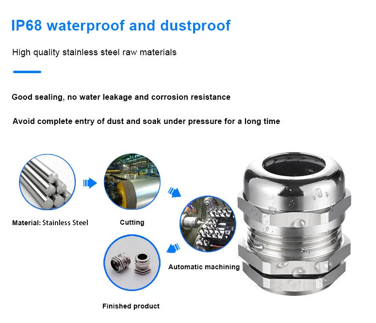 Description Picture 5 of itemWaterproof Cable Gland Connector IP68 304 Stainless Steel Inox Metric Cable M6 M8 M10 M12 M14 M16 M18 for 3-6.5mm 4-8mm Cable