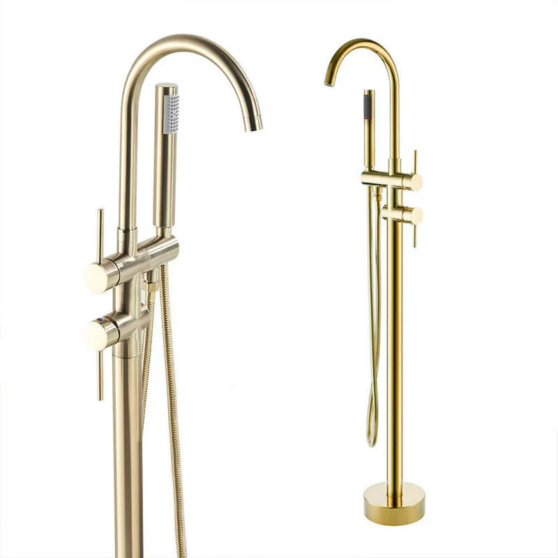 Description Picture 2 of itemBrushed Gold High Rise Round Pipe Bath Mixer Floor Mounted Bathtub Filler Shower Roman Tub Faucet Set  Stand