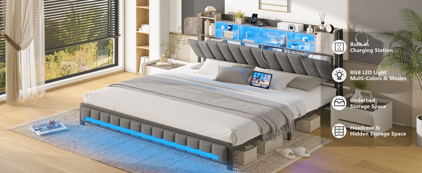 Description Picture 2 of itemKing Size Bed Frame and Bookcase Storage Headboard,LED Upholstered Bed Frame with Charging Station,Light up Platf