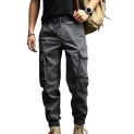 Men Cargo Pants Ankle-banded Loose Solid Color Trousers Multi Pockets Drawstring Elastic Waist Sweatpants Long Trousers