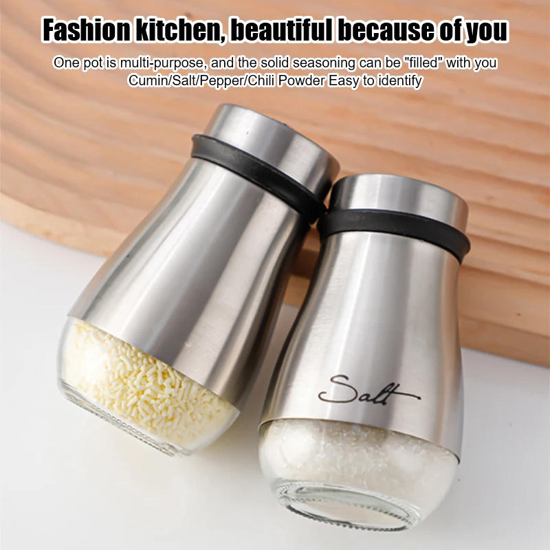 Description Picture 3 of itemSalt and Pepper Seasoning Shaker Stainless Steel Glass Bottom Spice Dispenser Pepper Shaker BBQ Set Kitchen Gadgets