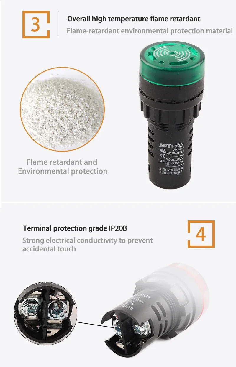 Description Picture 5 of item16mm/22mm AD16-22SM 12V 24V 110V 220V 380V Flash Signal Light Red LED Active Buzzer Beep Alarm Indicator Red Green Yellow Black