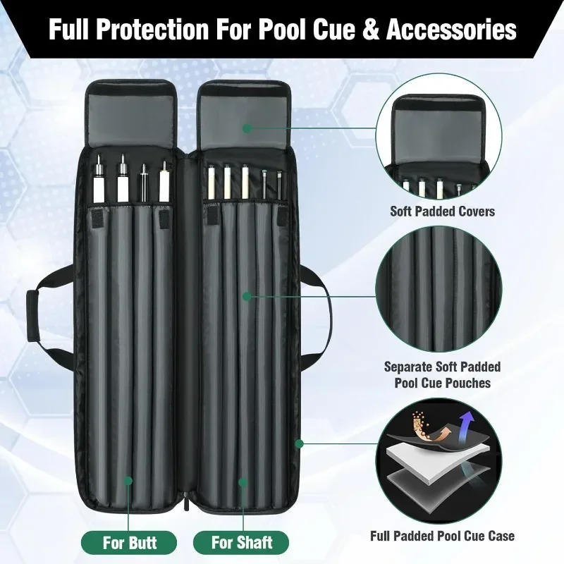 Description Picture 3 of itemPool Cue Carrying Case Soft Padded Billiard Stick Bag with Multi-pocket for 4 Butts and 5 Shafts, Pool Stick Case with Shoulder