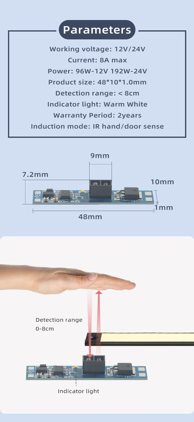 Description Picture 5 of itemLED infrared sensor switch close to short distance 12v 24V cabinet for linear aluminum profile infrared sensor hand sweep switch