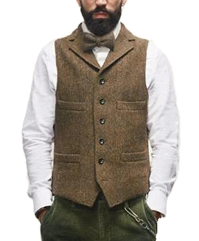 Description Picture 3 of item2024 Mens Vest Classic Brown Suit Wool Tweed Notch Lapel Waistcoat Herringbone Groomsmen Winter Coat For Wedding