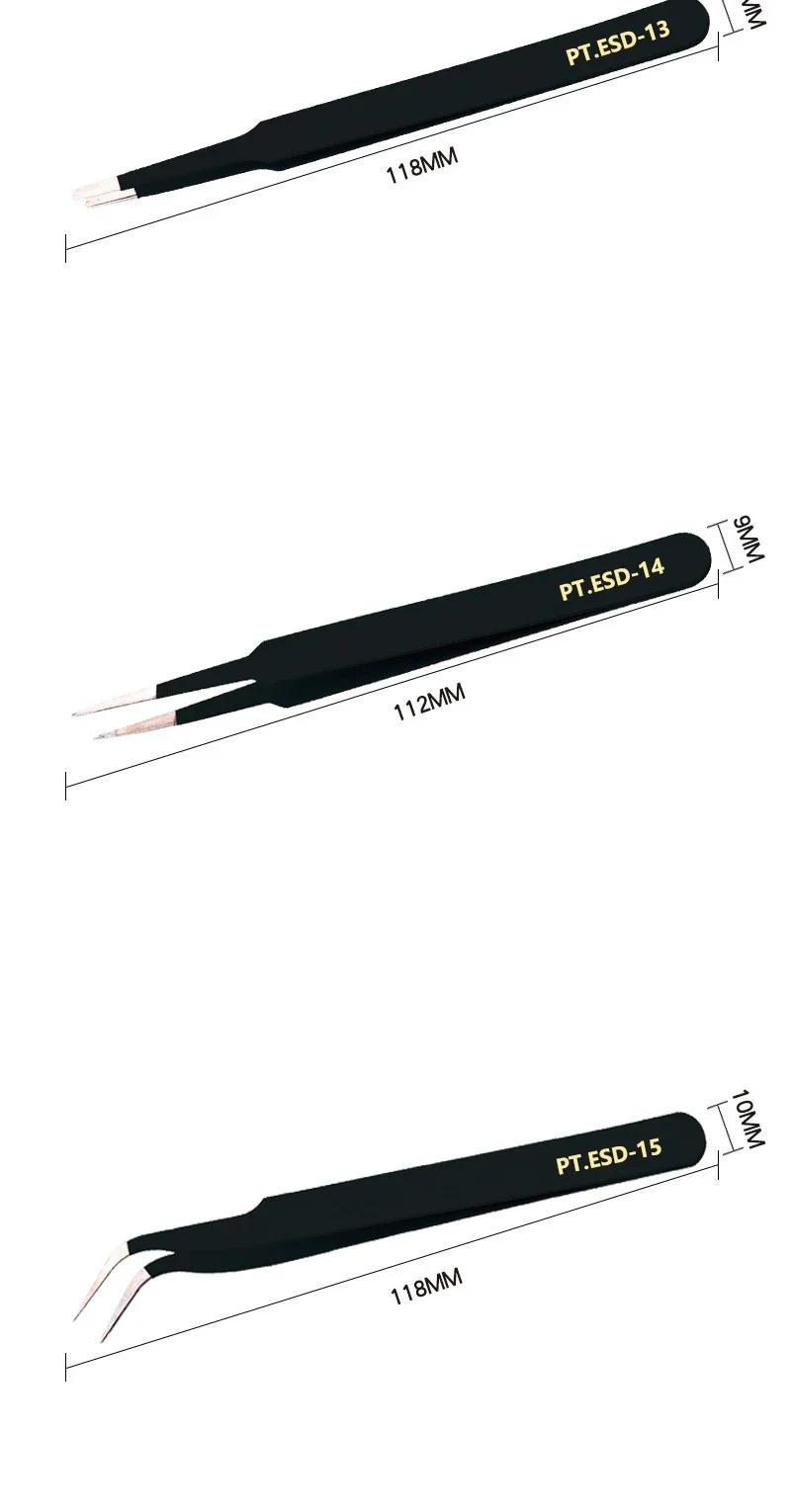 Description Picture 4 of itemStainless Steel Tweezers Anti Static Fine Pointed Elbow Precision Tweezers Weld Tool Industrial Tweezers Electronic ESD10-ESD15