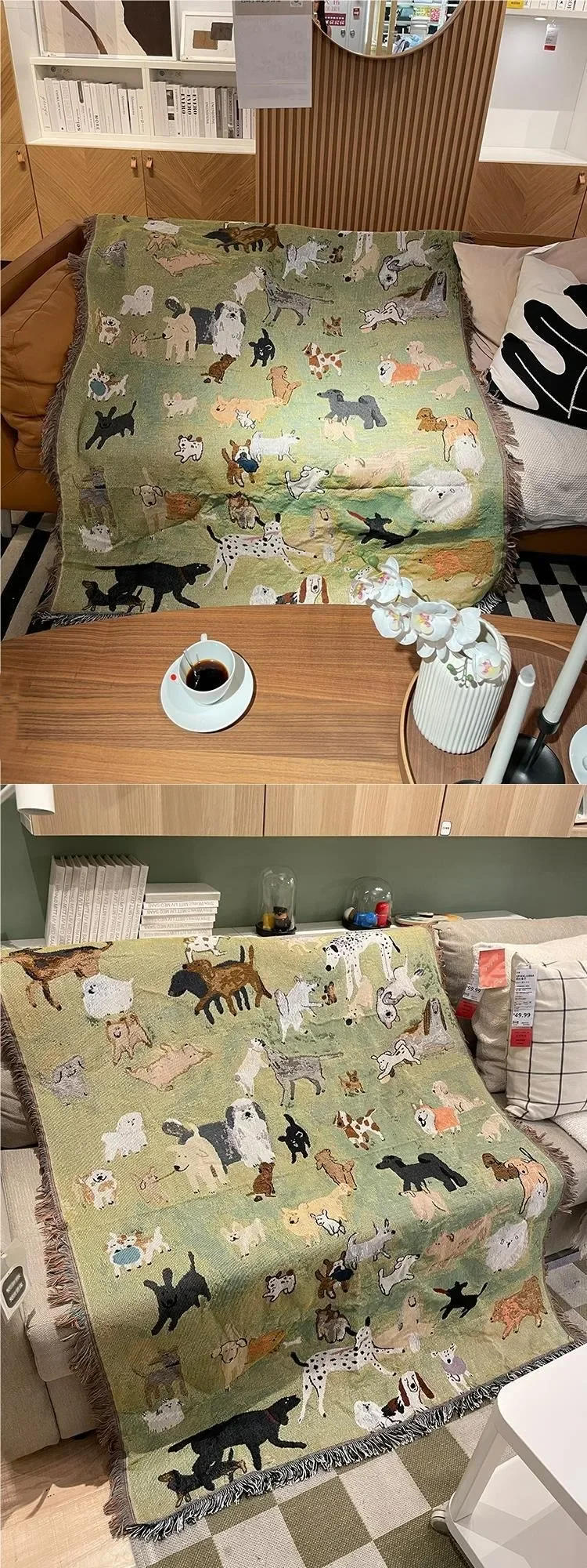 Description Picture 4 of itemCute Animal Blanket Outdoor Camping Picnic Mat American Vintage Puppy Park Throw Blankets for Bed Room Decor Tapestry Sofa Cover
