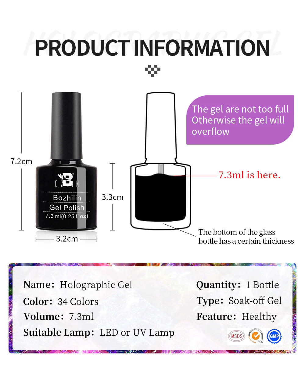 Description Picture 3 of itemBOZLIN  Holographic Gel Nail Polish Shining Gold Sliver Varnish Top Coat Clear Base Gel Nail Art Polish Manicure DIY  Design