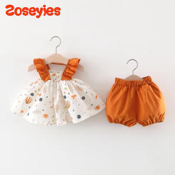 Summer baby girls suit printed fly sleeve suspender top solid color shorts cute casual holiday two-piece set