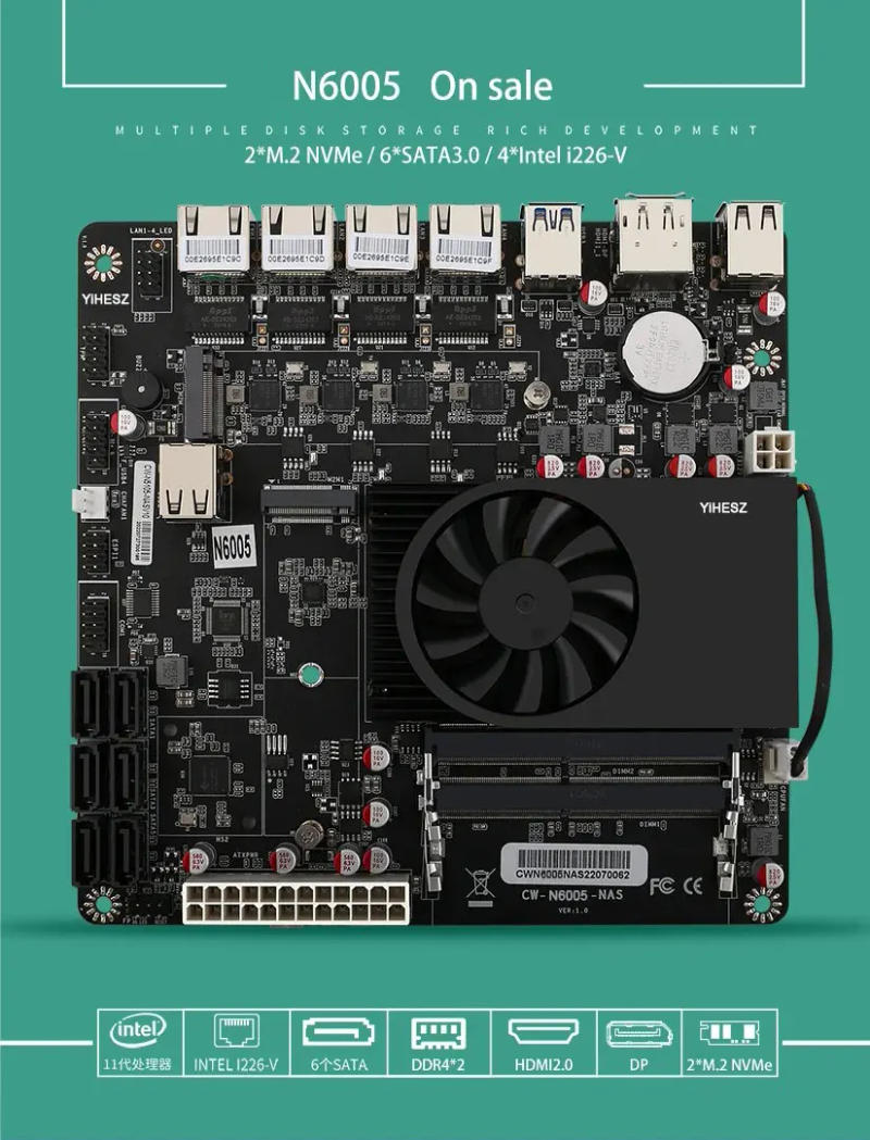Description Picture 3 of itemN6005 NAS Board Industrial Motherboard NAS Motherboards 4 Cores 4 Threads Processor 4x2.5G i226 Network 2 M.2 NVMe Slot 6xSATA