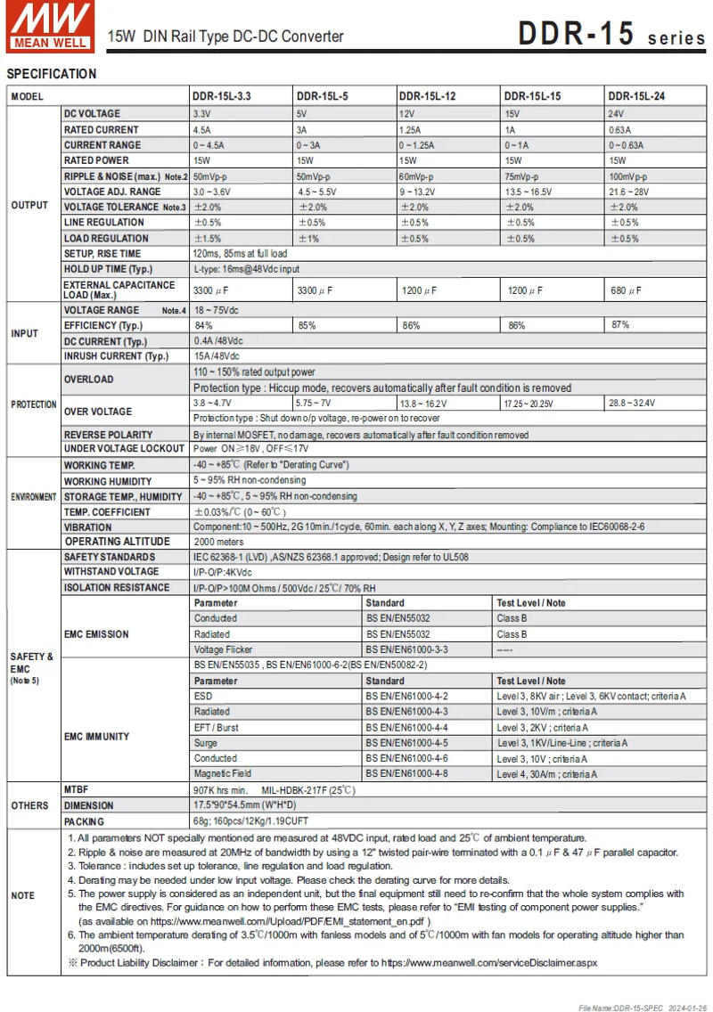 Description Picture 4 of itemTaiwan meanwell DDR-15G-5 5V 3A 15W DIN Rail Type DC-DC Converter  Single Output Switching Power Supply Brand New Original