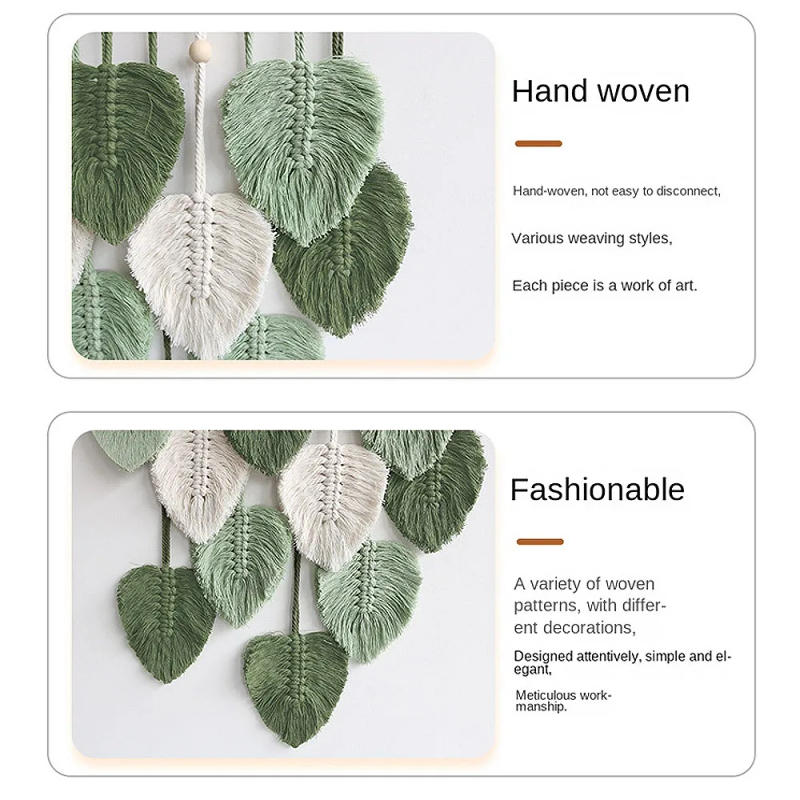 Description Picture 5 of itemLeaf Macrame Wall Hanging Boho Room Home Decor Woven Aesthetic Wall Tapestry Home Room Wedding Decoration Green
