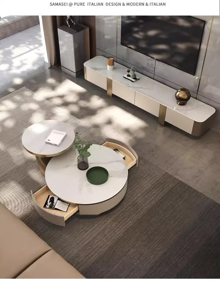 Description Picture 6 of item2pcs Modern Gold White Round Marble Slab Coffee Table Set Wooden Furniture Luxury Center Table For The Living Room