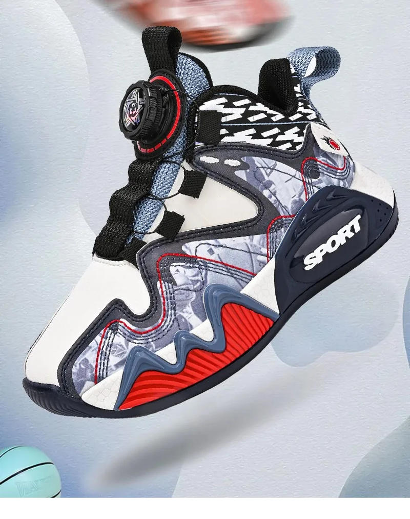 Description Picture 4 of itemNew children's shoes Boys rotating button sneakers leather non-slip large children's combat boots children's basketball shoes