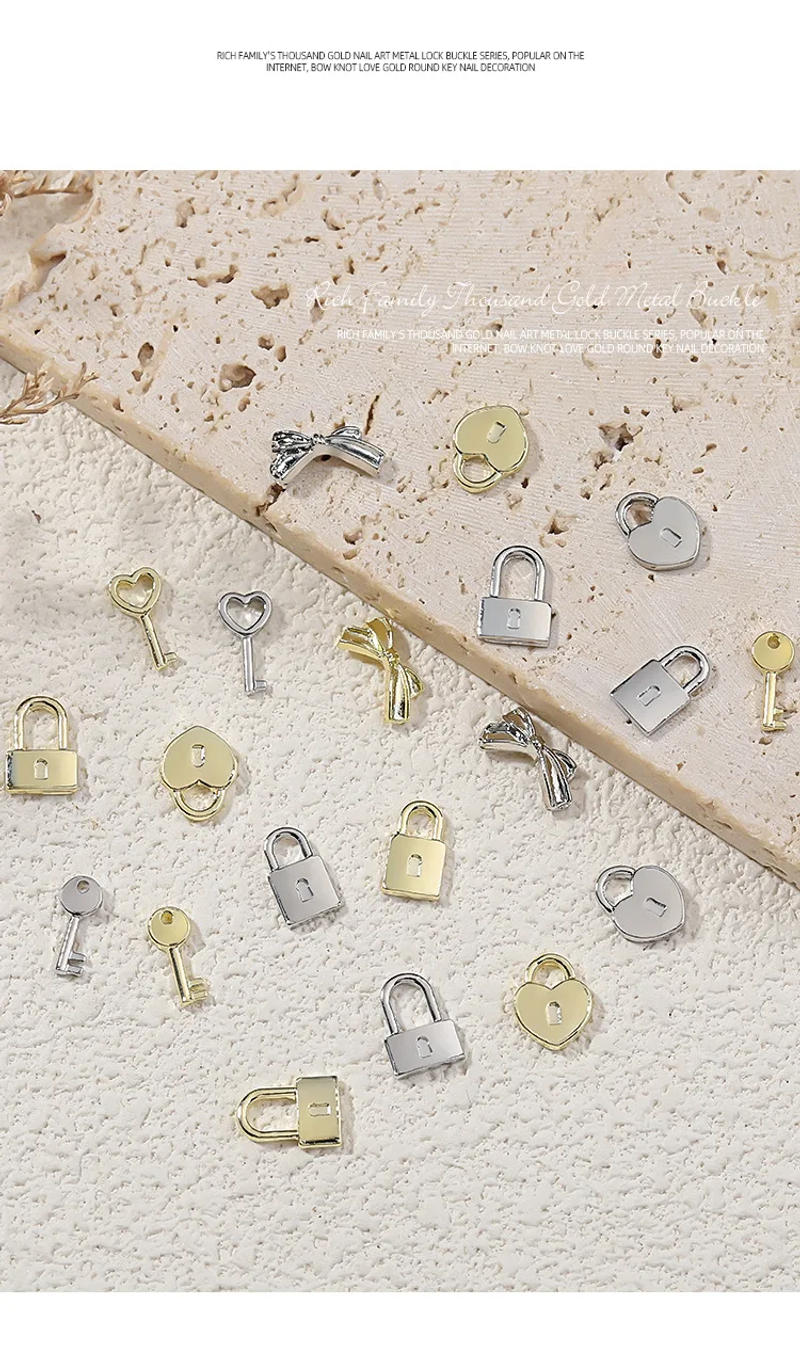 Description Picture 5 of item20PCS 3D Mini Alloy Love Key Lock Glossy Gold Silver Metal Nail Art Rhinestones Decorations Manicure Cute Ornaments Accessories