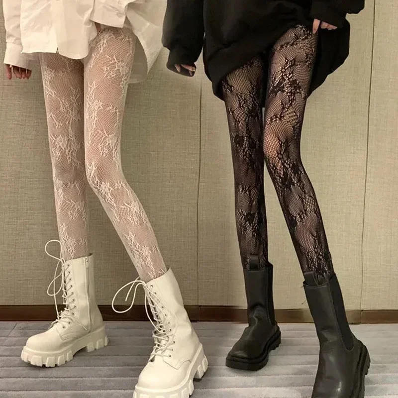 Description Picture 4 of item2024 Sexy Lace Flower Bottomed Stockings Gothic Black White Mesh Hollowed Pantyhose Female Floral Rattan Fishnet Tights Hosiery