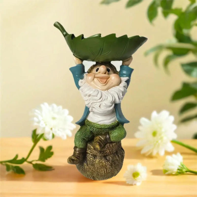 Description Picture 5 of itemUnique Cartoon Dwarf Sculpture Resin Holding Leaves Garden Gnome Statue Fun Bird Bath Lawn